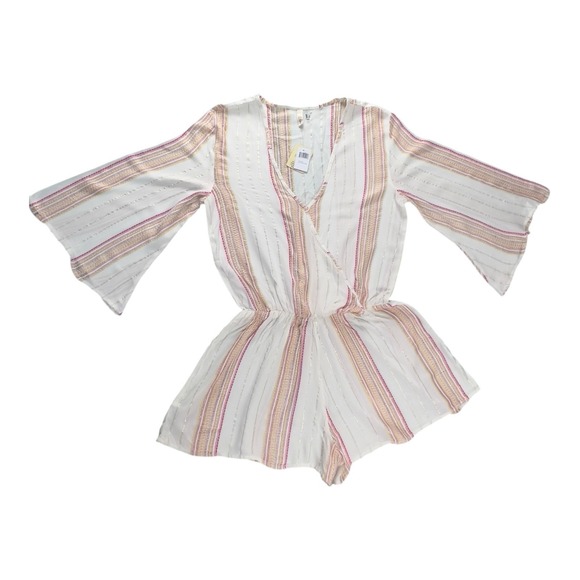 Elan Faux Wrap Mini Romper 3/4 Sleeve Multi Stripe Metallic Thread Large Viscose - Picture 1 of 6